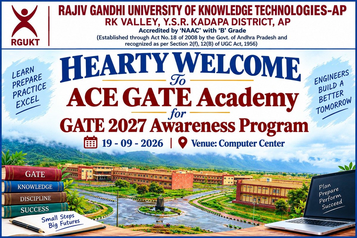 RGUKTRKVOFFI's tweet photo. 🚀 Your GATE 2027 journey starts here!

ACE GATE Academy × RGUKT–RK Valley

📅 19 Sept | 📍 Computer Center
🎯 Awareness Session + Screening Test
📚 Free Learning Resources + Mock Exam
🏆 Opportunities for top performers
#GATE2027 #RGUKT https://t.co/ZWZKlJjpIs