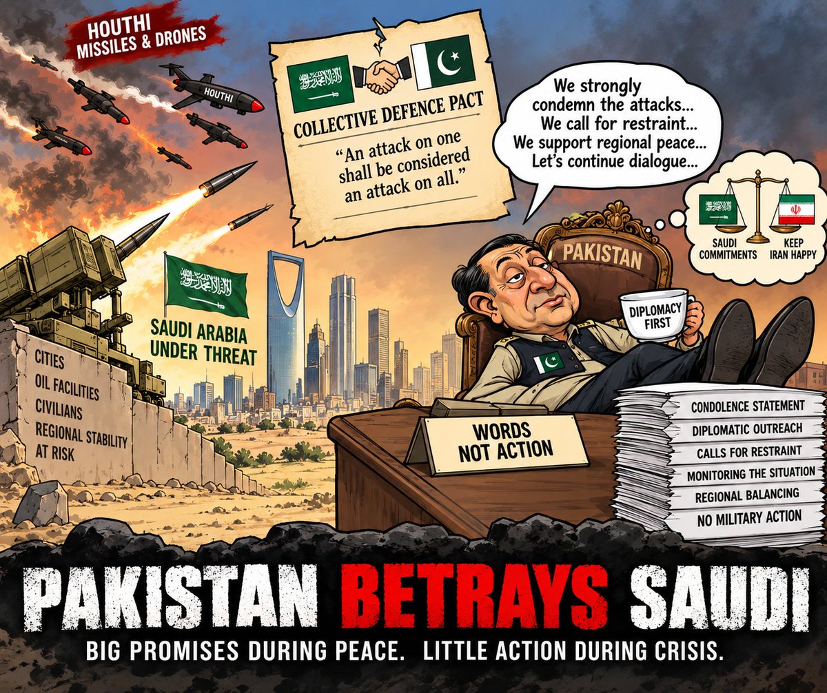 Vipin_Jain_'s tweet photo. Saudi Arabia faces renewed Houthi threats, testing the gap between collective-defence commitments and real-world political responses.
Pakistan Backstabs Saudi #PakistankiShaanCDF #SymbolOfStrengthCDF https://t.co/7sXyiZXX4b