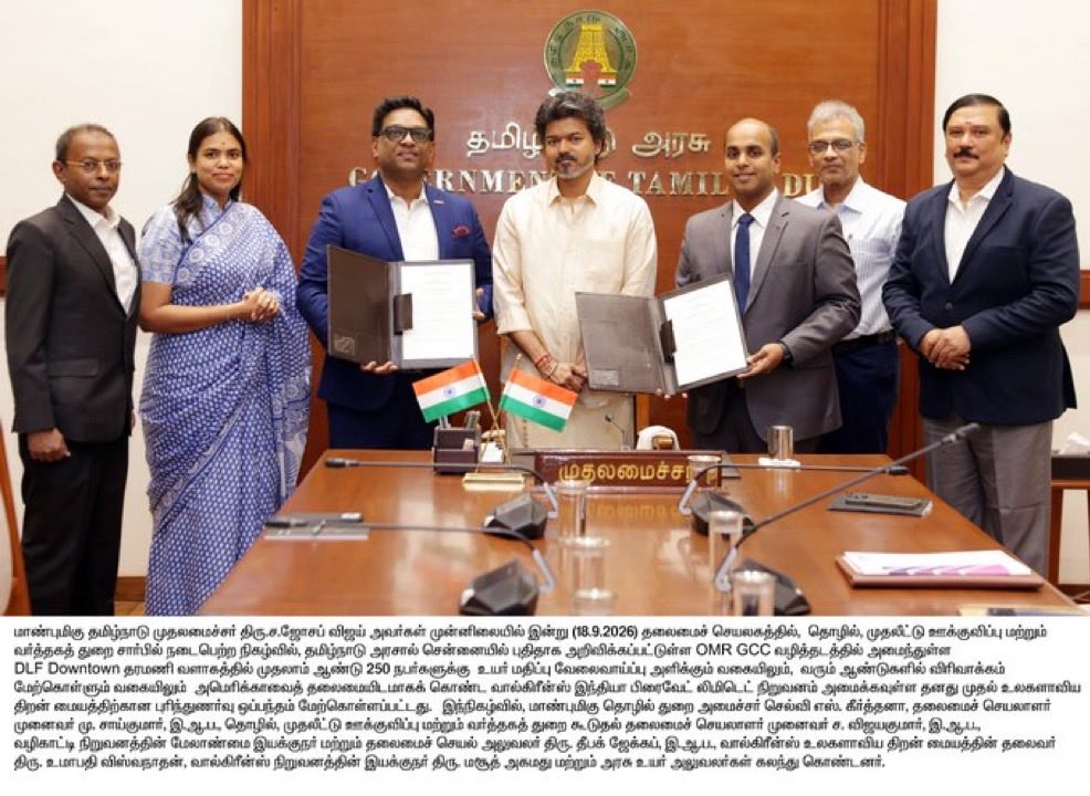 UpdatesChennai's tweet photo. Another GCC enters Chennai!!
USA based Pharmacy Retail Giant 🇺🇸Walgreens signs MoU in presence of CM Vijay for a Global Capability Centre. Will come up at DLF Downtown on OMR- The newly announced GCC Corridor with jobs for 250 people initially...🙌🎉 https://t.co/pZV3tRce0V