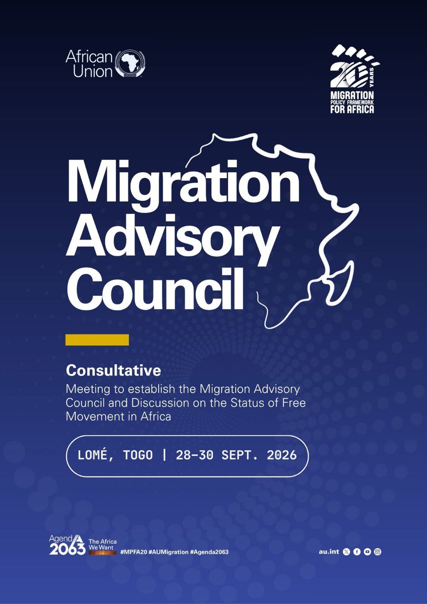 _AfricanUnion's tweet photo. 20 years. One continental vision. A new chapter.

For two decades, the Migration Policy Framework for Africa (#MPFA) has guided Africa’s approach to migration governance. As we mark #MPFA20, the African Union is moving to establish a Migration Advisory Council (MAC) - bringing together Heads of Immigration from AU Member States and REC officials to provide strategic direction on border governance.

First consultative meeting on establishing the MAC: Lomé, Togo | 28–30 September.

Stronger borders. Freer movement. Deeper trade under the AfCFTA. The next 20 years will require more than policy. They will require institutions, cooperation, and Africa-led solutions. Read the MPFA: https://t.co/dIip7CEyiP