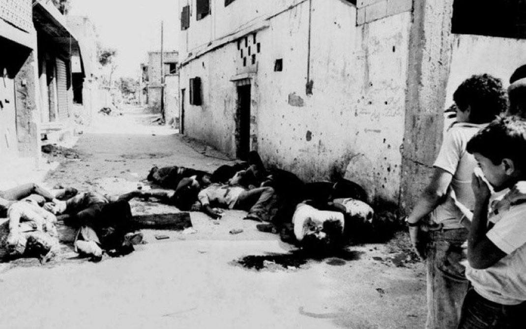 100_alpha's tweet photo. Learn Mass Killing in #Sabra #Shatila 16/18 Sept 1982 reported by #UK Journalist #RobertFisk.
>Women lying in houses, skirts torn up to waists, legs wide apart
>Children throats cut
>Men shot in back at execution wall
>Heaps of Slaughtered Babies
#ArielSharon responsible made PM! https://t.co/2EWQNGn9Wj