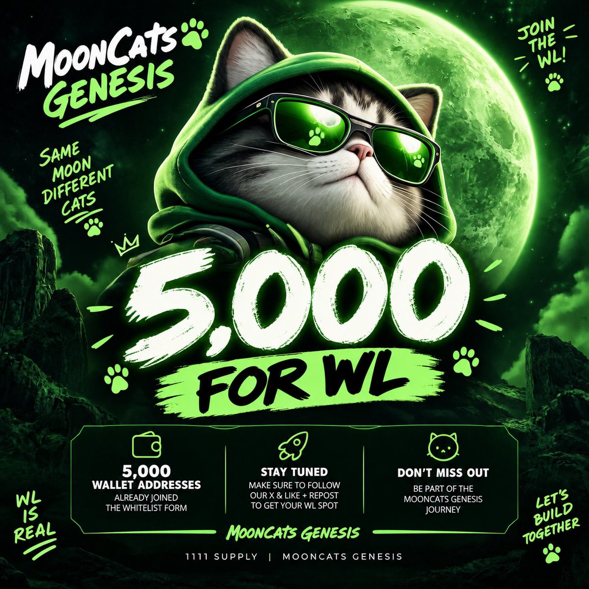 MoonCatsGenesis's tweet photo. 5,000 WALLETS FOR WL!
MoonCats Genesis is growing fast 
5,000 wallet addresses have already joined the WL form!
Want your spot? 👀
✅ Follow @MoonCatsGenesis
❤️ Like
🔁 Repost
📝 Join the WL form
1111 Supply. One journey. Same Moon, Different Cats. https://t.co/Vq2ytKwIDS