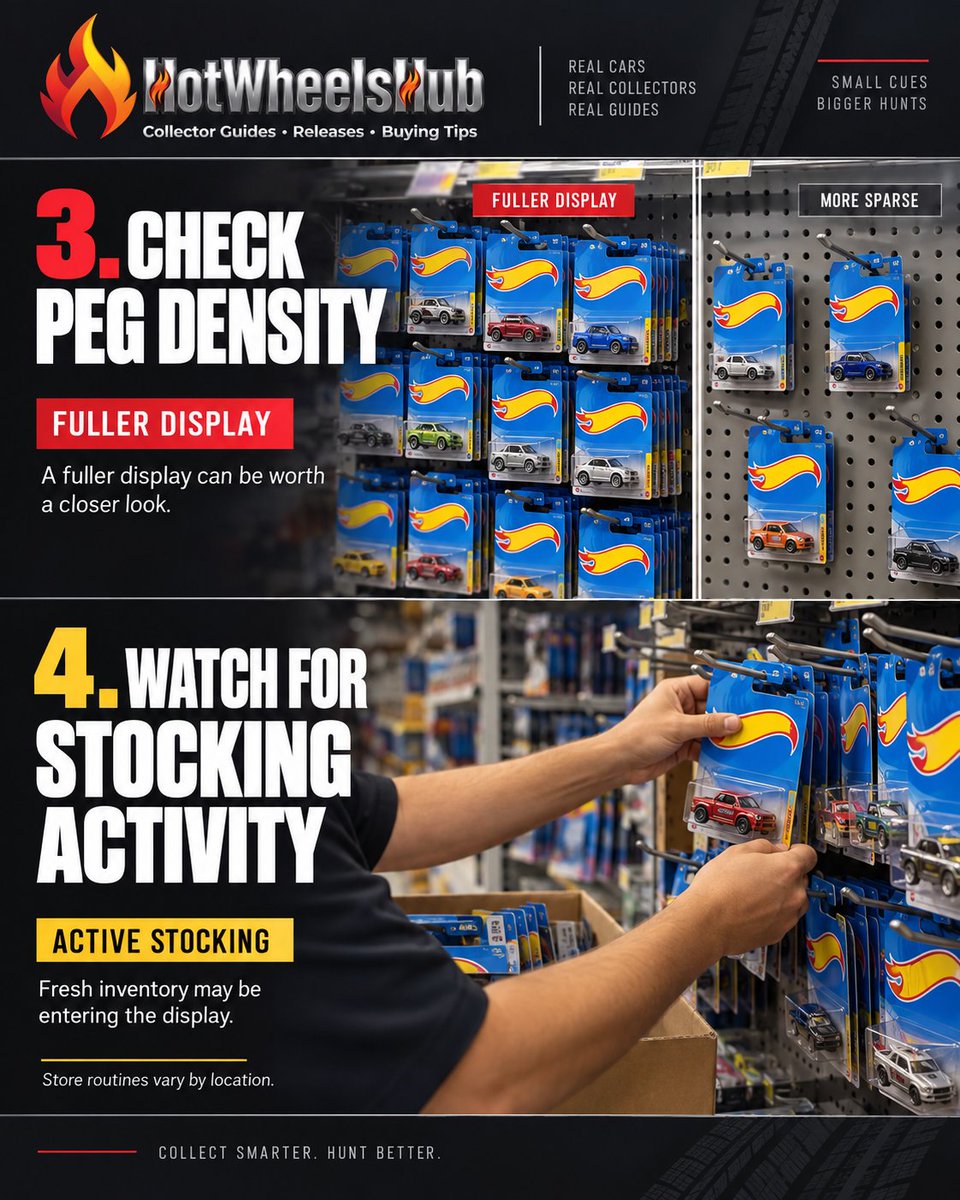 hwheelshub's tweet photo. Saturday hunt tip 🏁

Before digging through every peg, look for:

🔎 Fresh-looking card/peg condition
🔎 Repeated castings
🔎 Fuller displays
🔎 Active stocking

They're clues, not guarantees.

Save the guide for your next hunt.

#HotWheels #Diecast https://t.co/Yrq8FtjfGL