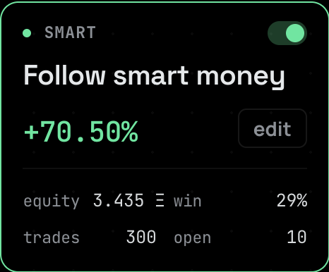 gradgatexyz's tweet photo. follow smart money: +70.50% on paper.

one rule file: wait for wallets whose past picks graduated, skip the crowded ones, take half at +100%.

300+ trades on real pons launches since day one. 29% of them won.

the other three house strategies are on the same page, one of them deep in the red. same market, different rules.