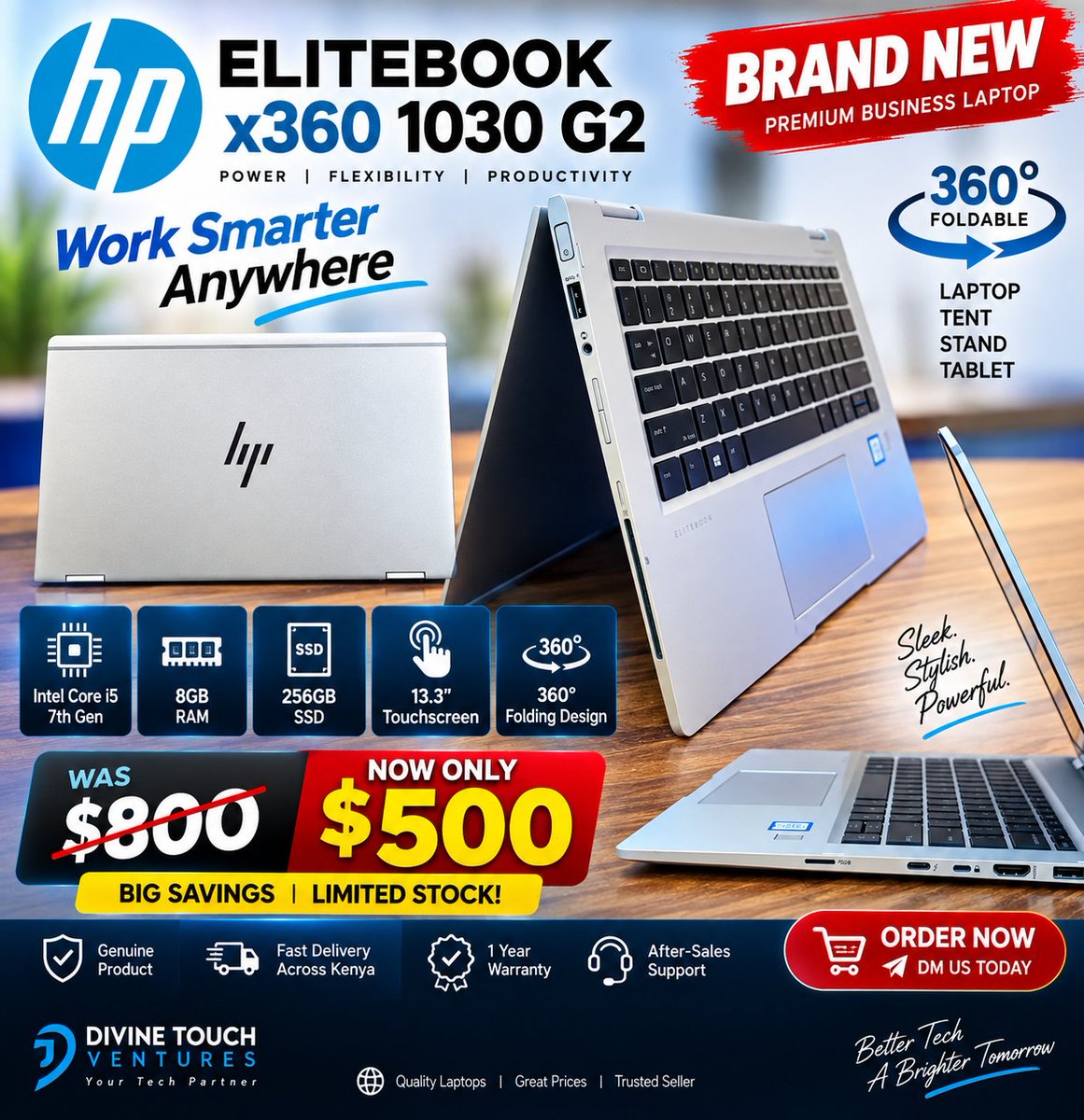 Dtouchventures's tweet photo. HP EliteBook x360 1030 G2
Core i5 7th Gen | 8GB RAM | 256GB SSD
🖥️ 13.3" Touchscreen | 🔄 360° Foldable
✨New Condition
Perfect for business, school &amp; everyday productivity. 
📩 DM to order | Wholesale available https://t.co/n8KlPGW3PJ