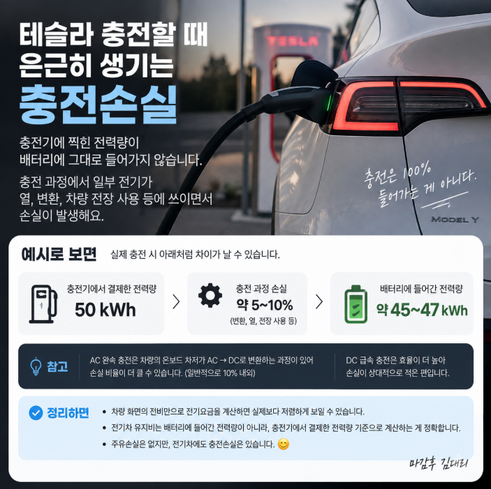 afterwork_kim's tweet photo. 님들 아세요?

테슬라 충전할 때 은근 놓치는 게
충전손실입니다.
충전기에 10kWh 찍혔다고
배터리에 10kWh가 그대로 들어가는 건 아니에요.

AC 충전이면 차 안에서 AC→DC로 바꾸는 과정도 있고,
배터리 온도 맞추고 차량 전장 쓰는 데도 전기가 들어갑니다. 테슬라도 AC 충전 시 온보드 차저가 AC를 DC로 변환한다고 안내하고 있어요.
그래서 전기차 유지비 계산할 때
 차에 들어간 전력량 말고 실제 충전기에서 결제한 전력량으로 계산해야 맞습니다.

특히 출력 낮게 오래 충전하면
손실 비율이 더 커질 수도 있어요. 실제 연구에서도 낮은 전류의 AC 충전이 상대적으로 비효율적인 경우가 확인됐습니다.
저도 전비 계산할 때
차 화면 숫자만 보면 생각보다 싸게 나온다는 느낌이 있었는데

결국 진짜 전기료는
벽에서 몇 kWh 뽑았냐가 기준입니다.
전기차는 주유손실은 없지만
충전손실은 있습니다ㅋㅋ