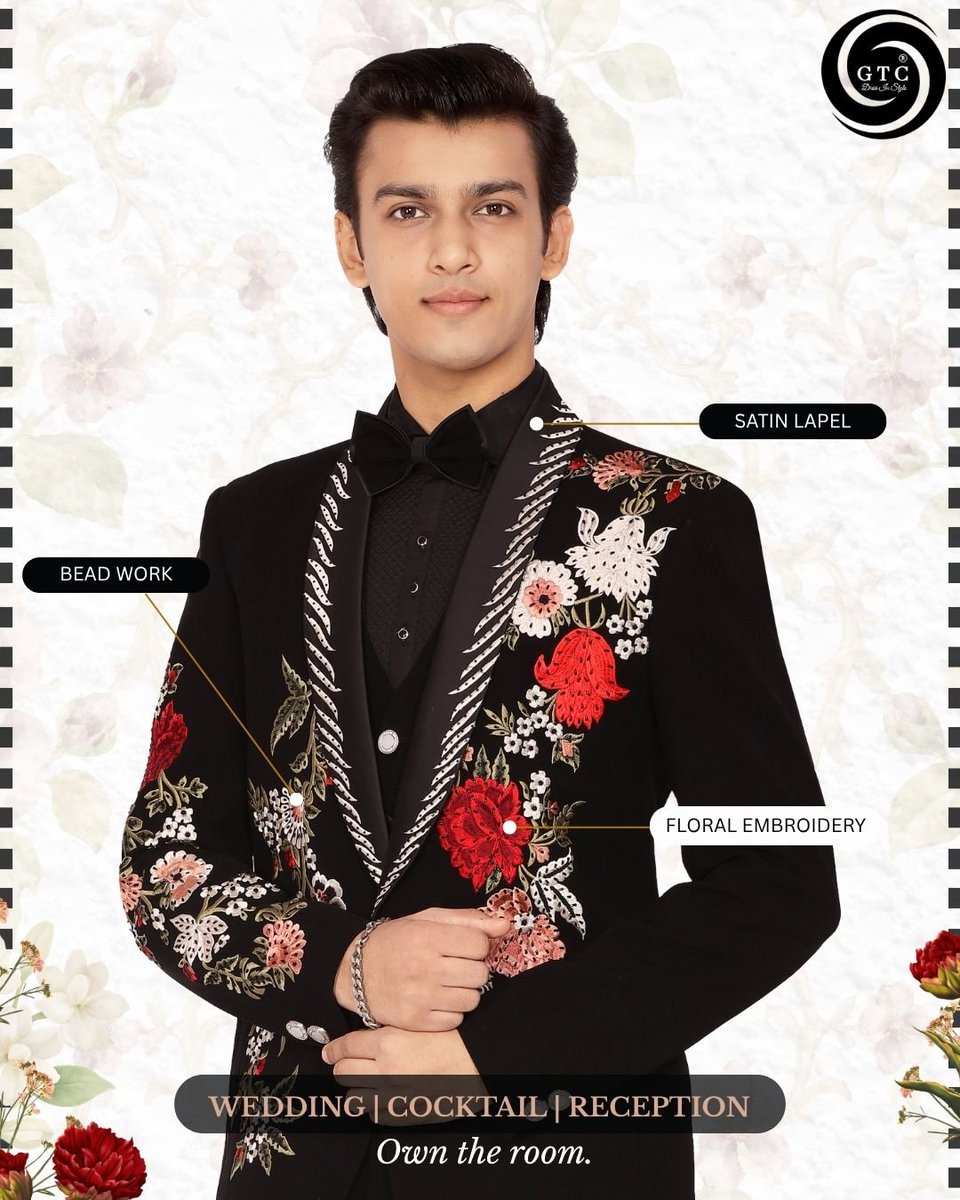 AMBECOLLECTIONS's tweet photo. Floral Noir 🖤

The regal GTC- Event &amp; Party Suit brings together exquisite detailing and impeccable craftsmanship for an effortlessly luxurious presence 🌹✨

📍 Made-to-Measure 
🌍 Worldwide Shipping
📩 DM or WhatsApp us on +91 8828128122

#MensLuxuryFashion https://t.co/Uu4xaSihUL