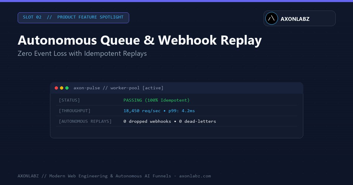axonlabz's tweet photo. Engineers waste 5 hours/week debugging dropped webhooks &amp; queue retries.

AxonPulse introduces autonomous idempotent replays with zero manual query hunting.

1 middleware line. Zero dropped events. Try the live demo. https://t.co/hki6KOyRlt