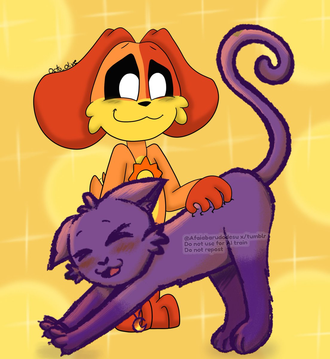 Octo_Olive's tweet photo. To celebrate a year of friendship with @afaiabarudodesu, we redrew the first collab we did together 🔥🔥🥹 this time we swapped characters so go check out the other collab on their account 🧡💜🫶💖🔥

#dogday #catnap #daynap https://t.co/BRq5HQQgTS
