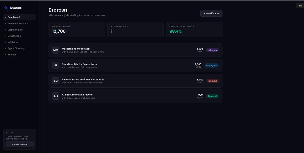 Nuance912's tweet photo. I just finished building Nuance ⚡️

Contracts that understand nuance, not just logic.

Nuance is a Web3 platform built on GenLayer for agreements where rigid smart-contract logic isn’t enough.

AI-powered escrow
AI dispute resolution
Prediction markets
Natural-language governance https://t.co/BWTXRw0f7Z