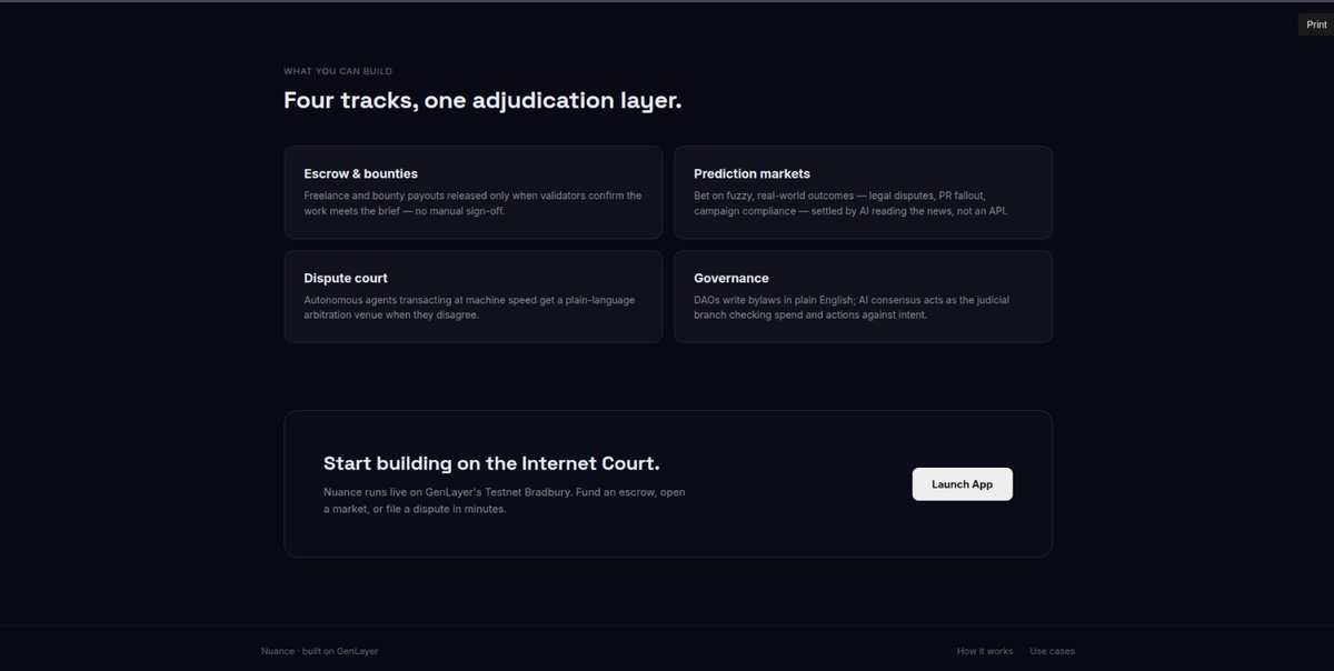 Nuance912's tweet photo. I just finished building Nuance ⚡️

Contracts that understand nuance, not just logic.

Nuance is a Web3 platform built on GenLayer for agreements where rigid smart-contract logic isn’t enough.

AI-powered escrow
AI dispute resolution
Prediction markets
Natural-language governance https://t.co/BWTXRw0f7Z