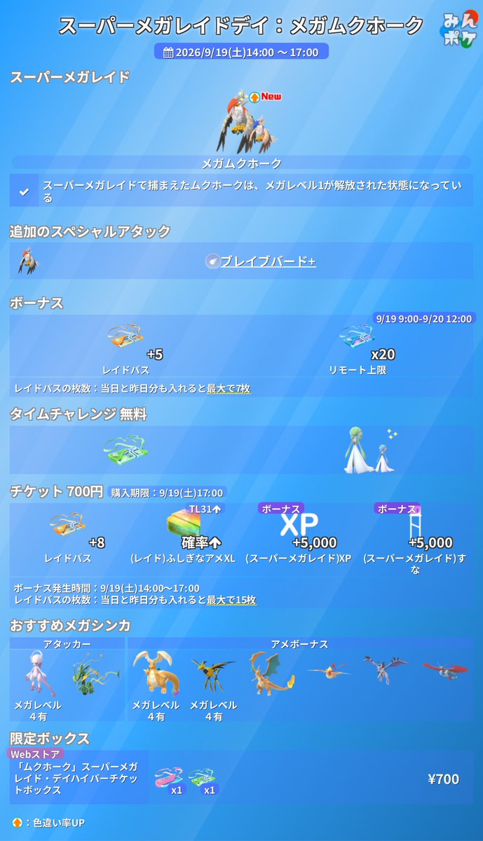 pokemongo_db's tweet photo. 【スーパーメガレイドデイ：メガムクホーク】
⚡開催期間
9/19(土)14:00〜17:00

✅メガムクホークが初登場
✅メガシンカ時に追加のスペシャルアタック「ブレイブバード+」を習得
✅無料レイドパスが6枚
など
https://t.co/oOJ8fMfS2e
#ポケモンGO https://t.co/1WjURA58uT