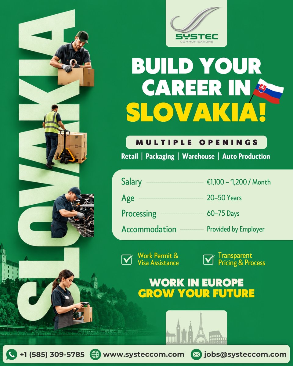 Systeccom's tweet photo. BUILD YOUR CAREER IN SLOVAKIA!

📩 jobs@systeccom.com
🌐 https://t.co/m3ZcdWSaCb
📞 +1 (585) 309-5785

#SlovakiaJobs #EuropeJobs #JobsInEurope #WarehouseJobs #PackagingJobs #ProductionJobs #RetailJobs #WorkAbroad #InternationalJobs #CareerAbroad #HiringNow #Systeccom #ApplyNow https://t.co/S8pYw1vWJ4