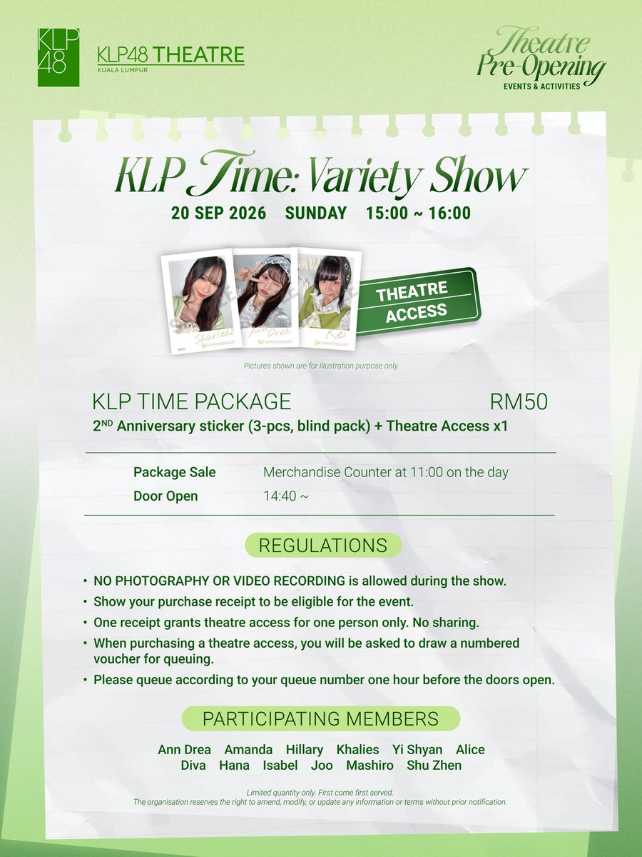 KLP48official's tweet photo. Hi semua! 👋 Get ready to chat with the members of KLP48 this Saturday! 💚 &amp; are you ready for a full hour of fun and laughter? Join us for the variety show this Sunday! 🎭✨ See you there! 🙌 

#KLP48 #KLP48Theatre #KLP48MeetAndGreet #KLP48VarietyShow https://t.co/DLQkhbwyjq