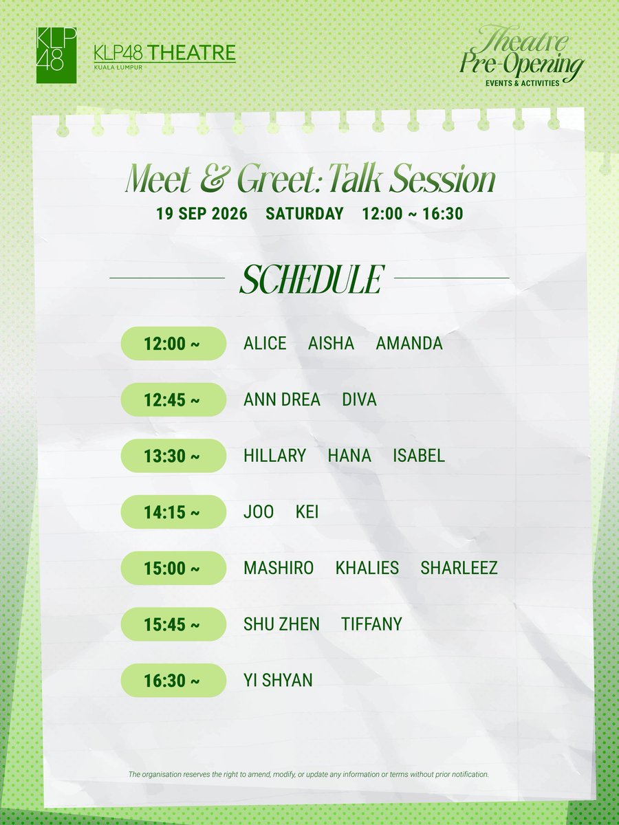 KLP48official's tweet photo. Hi semua! 👋 Get ready to chat with the members of KLP48 this Saturday! 💚 &amp; are you ready for a full hour of fun and laughter? Join us for the variety show this Sunday! 🎭✨ See you there! 🙌 

#KLP48 #KLP48Theatre #KLP48MeetAndGreet #KLP48VarietyShow https://t.co/DLQkhbwyjq