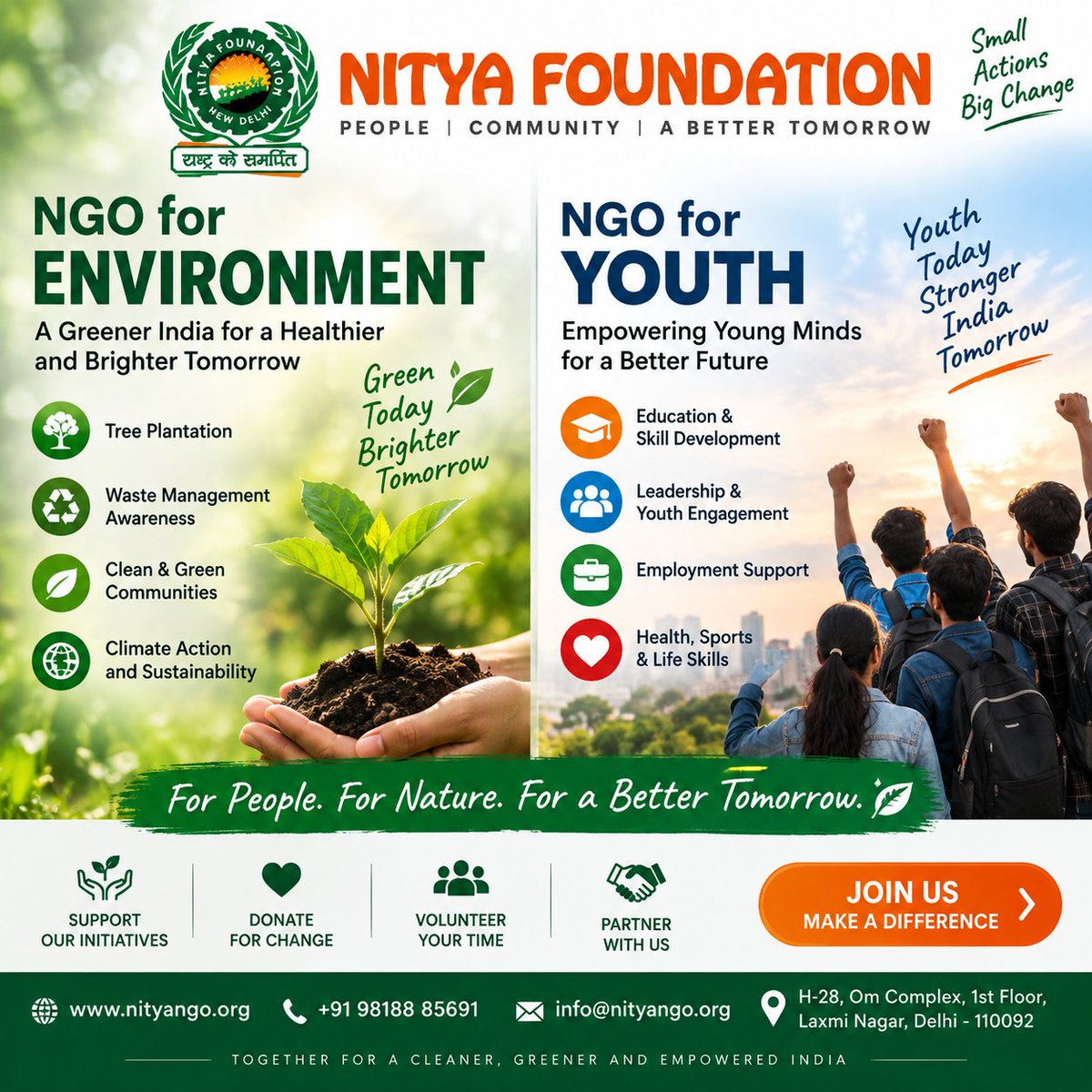 NityaNGO's tweet photo. 👉 Join Nitya Foundation today!
❤️ Donate | 🤝 Volunteer | 🌱 Support Our Initiatives
🌐 https://t.co/6iI9uTQ9kP
📞 +91 98188 85691
📧 info@nityango.org
#NityaFoundation #NGOForEnvironment #NGOForYouth #YouthEmpowerment #TreePlantation #GreenIndia https://t.co/XQX0cnA8je