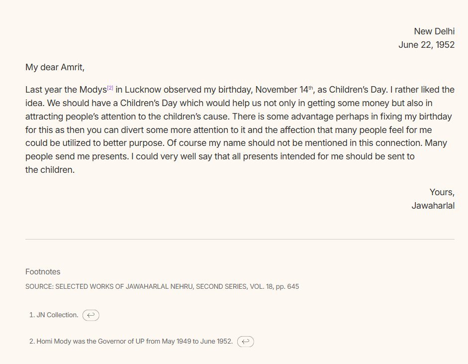 rishibagree's tweet photo. 1952 :: Prime Minister Jawaharlal Nehru specifically proposed to Union Health Minister Amrit Kaur that India should observe Children's Day on November 14, his birthday, each year. https://t.co/MU7AiYtZ6D