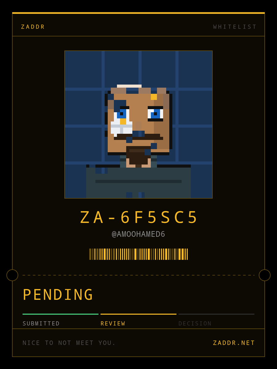 AMOOHAMED6's tweet photo. Applied for the ZADDR whitelist. Ticket ZA-6F5SC5. 2,800 shielded faces on Zcash. @zaddrnet https://t.co/dcT4EmGpln https://t.co/M3b589w91R