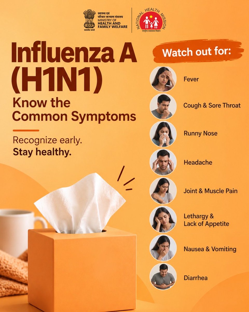 MoHFW_INDIA's tweet photo. Influenza A (H1N1) is a seasonal respiratory infection that is mostly self-limiting in healthy adults. Common symptoms include fever, cough, sore throat, headache, body aches and fatigue.

If symptoms persist beyond 5–6 days, or occur in young children, elderly persons or those with underlying medical conditions, consult a doctor or visit your nearest government health facility.

#H1N1 #Influenza #HealthForAll