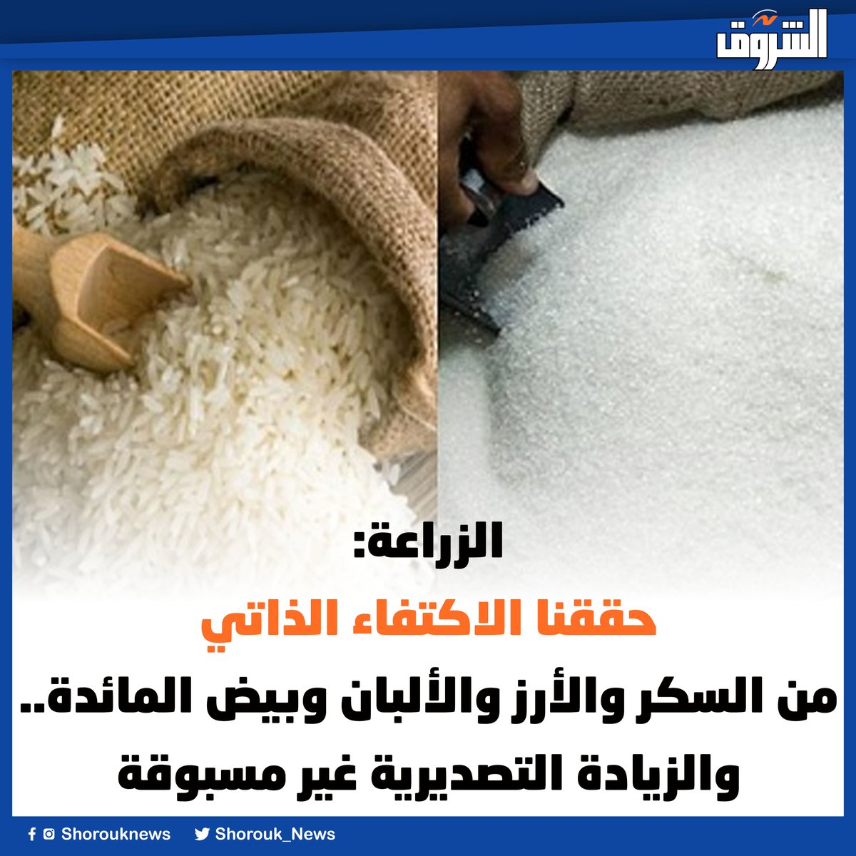 Shorouk_News's tweet photo. #الشروق| الزراعة: حققنا الاكتفاء الذاتي من السكر والأرز والألبان وبيض المائدة.. والزيادة التصديرية غير مسبوقة

https://t.co/5CvAkUzrvD https://t.co/AC9wzxrsFD
