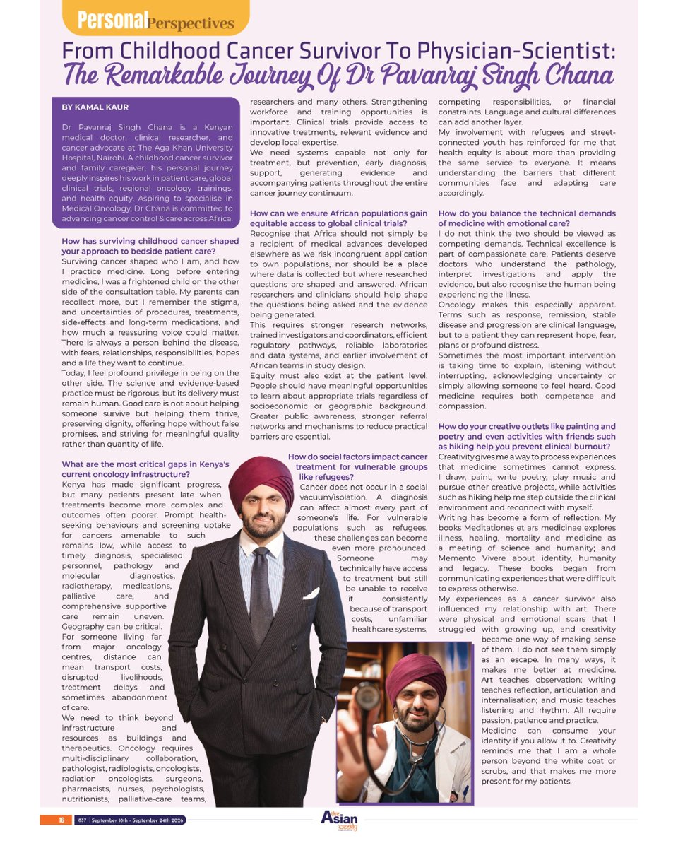 TheAsianWeekly's tweet photo. Dr Pavanraj Singh Chana is a childhood cancer survivor &amp; family caregiver. He shares his personal journey that inspires his work in patient care, global clinical trials, regional oncology training, &amp; health equity in this week’s interview.

#TAW #TheAsianWeekly #communitypaper https://t.co/iUGYhe7BeU