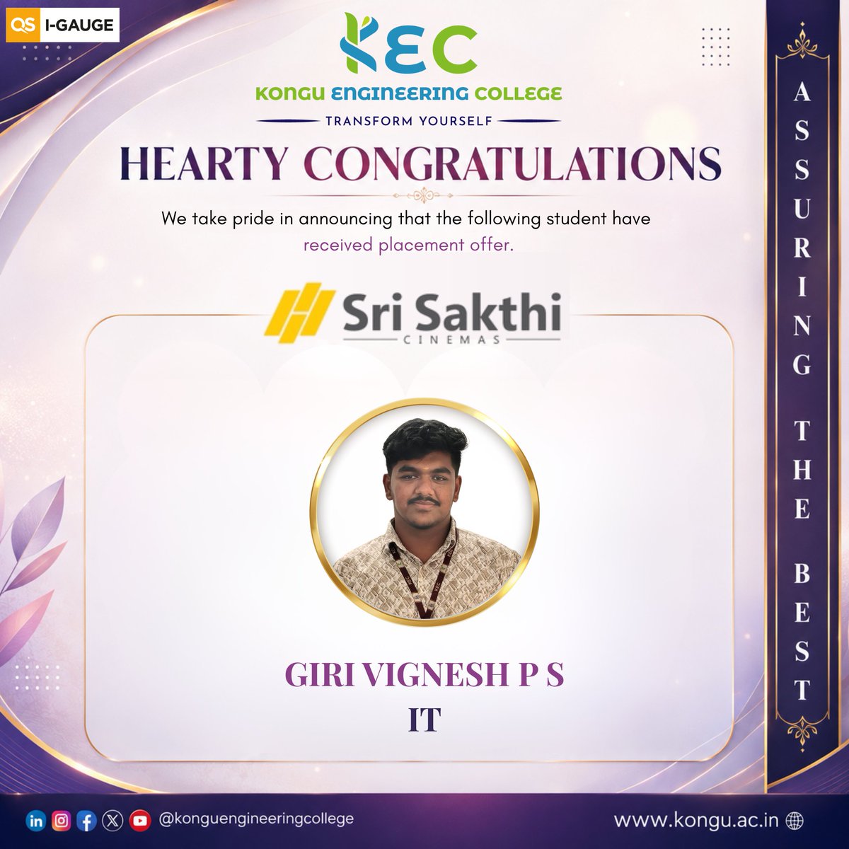 KonguOfficial's tweet photo. Kongu Engineering College warmly appreciates Sri Sakthi Cinemas for partnering with us and creating meaningful career opportunities for our student through the campus recruitment drive.

Their recognition of our student potential is truly inspiring.  
#kec #srisakthicinemas https://t.co/Rm6h2NqCca