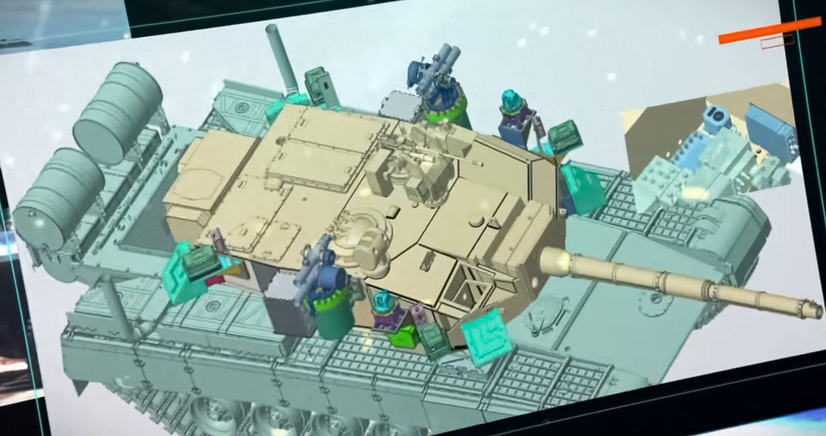 thugner101's tweet photo. A bit late to this, but this tank model also seems equipped with LWRs, IR sensors and IR jammers alongside the APS launchers and radars (which look like the MIMO ones we know of). Smokes seem missing, but previous renders suggest they should be integrated with the APS launchers. https://t.co/C3h5wf08Wl