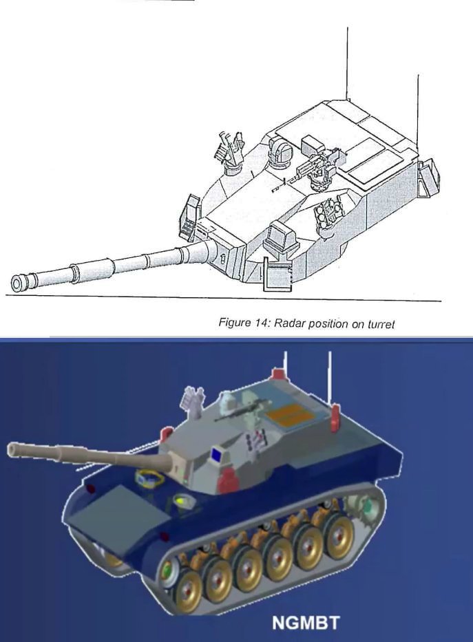 thugner101's tweet photo. A bit late to this, but this tank model also seems equipped with LWRs, IR sensors and IR jammers alongside the APS launchers and radars (which look like the MIMO ones we know of). Smokes seem missing, but previous renders suggest they should be integrated with the APS launchers. https://t.co/C3h5wf08Wl