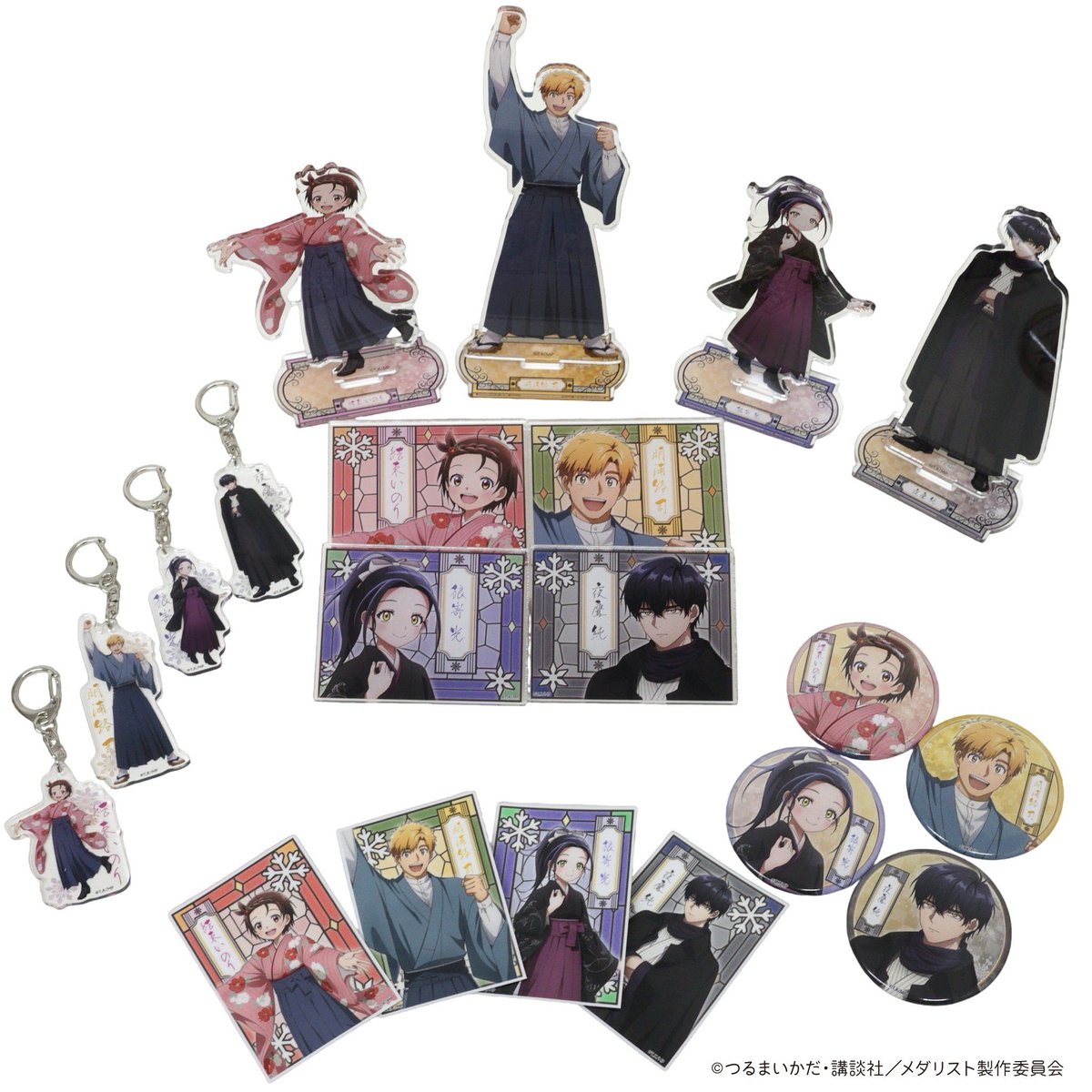 vv__official's tweet photo. TVアニメ【メダリスト】ヴィレッジヴァンガードコラボグッズが発売中！！

🛒ストアページはこちら🛒
📅受注販売期間は9/27(日)まで
https://t.co/kMMnWfEogQ
※本商品は数量限定 EC先行受注販売となります。

結束いのり・明浦路 司・狼嵜 光・夜鷹 純
4キャラが、テーマ『袴姿』にてそれぞれ新規衣装を身に纏った姿の
描きおろしイラストを使用したアイテムサンプルを公開！！

#メダリスト　#medalist