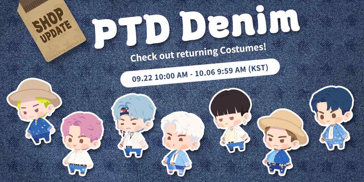 INTHESEOM_BTS's tweet photo. 이월상점 오픈: PTD 데님 코스튬 등장! 💃🕺

춤추게 만드는 그 의상! PTD 데님 코스튬이 이월상점에 찾아왔어요! 👖💙
청량함 가득한 데님 착장을 놓쳐서 아쉬웠던 SEOMER들이 있다면 지금이 바로 기회!

멤버들에게 예쁜 청청 패션을 선물해 주세요! ✨

🏝️ https://t.co/Bs4U5q6HmC
#인더섬 #IntheSEOM #BTSIsland