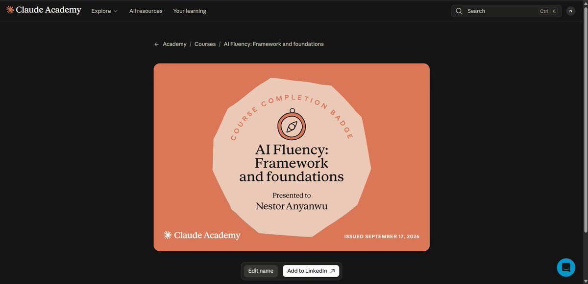 nestorcyber's tweet photo. Just wrapped the Introduction to AI Fluency course on @claudeai Academy.

Started with the fundamentals of generative AI, then got into the 4D framework: Delegation, Description, Discernment, and Diligence. https://t.co/yxCiJ68yCW