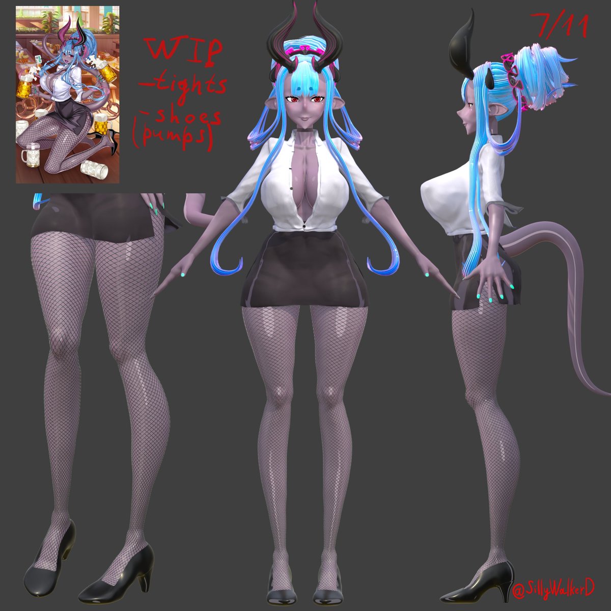 SillyWalkerD's tweet photo. WIP 07/11 — Ibuki Douji: tights &amp; shoes.

Adding the lower part of the outfit — tights and pumps. I also did a few close-up shots to check the tights material and the shoes from different angles.

Based on @raita_z’s original 2D design.

#FGO #Blender #IbukiDouji https://t.co/rFWS8hNVxW
