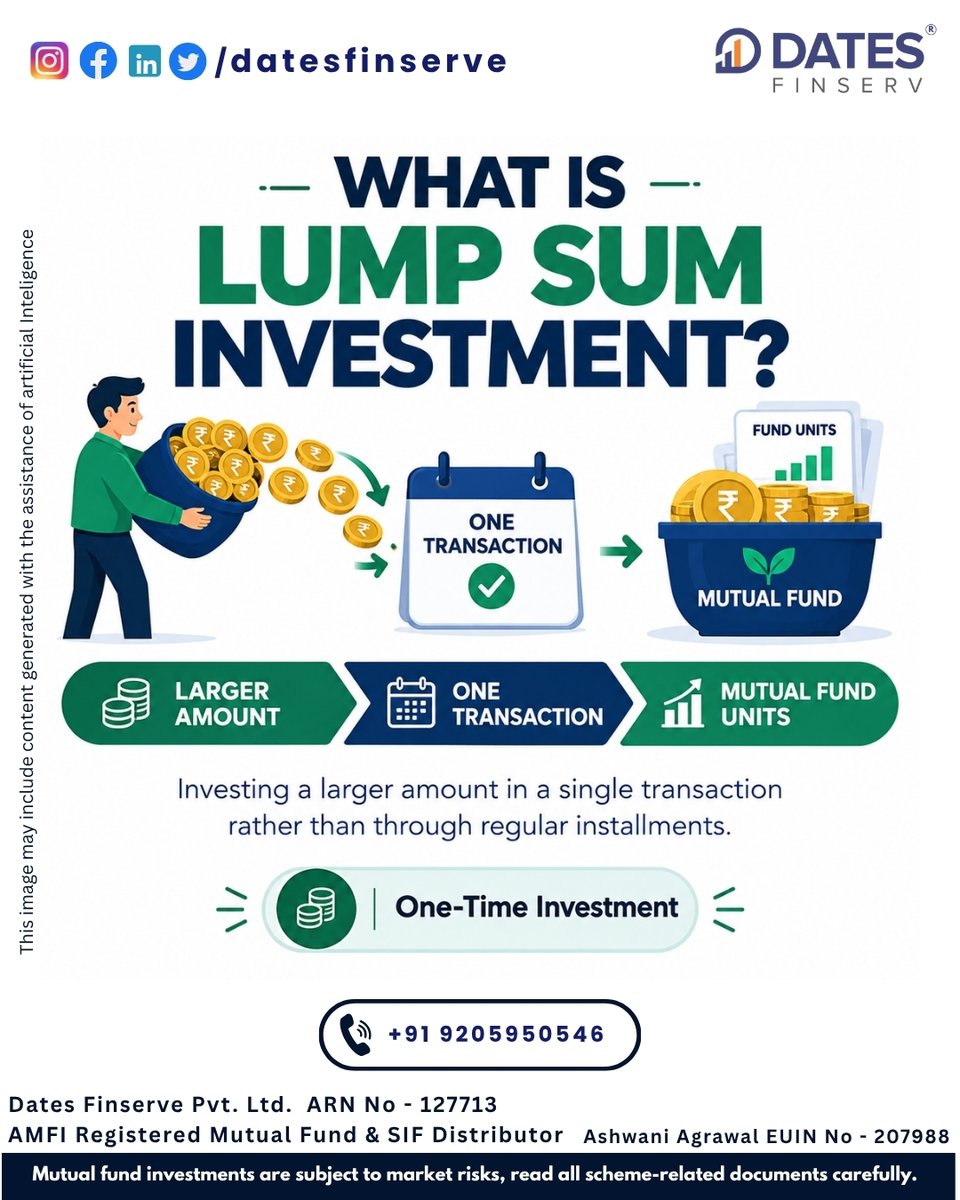 DatesFinserv's tweet photo. What is Lump Sum Investment?

Investing a larger amount in a single transaction, rather than regular installments.

Larger Amount → One Transaction → Mutual Fund Units

Ideal when you have a larger sum available at once.

Have you made a lump sum investment? https://t.co/iQbpQVIjGP