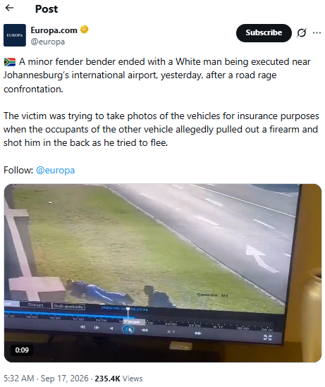 CitizenScoopX's tweet photo. Good morning X!! 😎☕️🫡

1. The execution of South African racing champion, Robert Wolk
2. The @MYANC's governance link

The incident:
On Wednesday, September 16, 2026 at about 16:21, racing champion Robert Wolk (41) was shot in the back on a grass verge in Esther Park, Kempton Park, after a low-speed bumper-bash. He had stepped out of his Audi to photograph damage for insurance. CCTV shows him going down on the verge; and then the other party leaves. He was declared dead at the scene. As of this morning, there has been no arrest. @SAPoliceService opened a murder docket with the motive as "under investigation."

Who he was:
Robert Wolk was a multiple SA champion across karting, single-seaters, GTC and touring cars. He was also the 2026 Simola Hillclimb King of the Hill and was due to race in Cape Town. SATC and Motorsport SA called him one of the nicest, most professional people in the sport.

The ANC's policy layer connection:
The ANC's Firearms Control Act (2000) is one of the strictest civilian gun regimes on earth. Law-abiding people were forced to surrender firearms. The same state then failed to destroy large numbers of those weapons.

The documented Prinsloo / SAPS-13 scandal:
Thousands of guns meant for destruction were sold into gangs; more than a thousand murders (including children) were later traced to that pipeline. Diversion of state and seized firearms is still reported in 2025-26. Meanwhile SAPS' own latest published quarter still averages ~58 murders a day. Arguments / road rage is an official SAPS murder category.

https://t.co/0gOJFb4Qgq

https://t.co/dCpM8EyBBg

https://t.co/Bmq6Pv5Owr

The insult on top:
A few weeks before Wolk was executed on camera, South Africa held the gavel at the @UN Arms Trade Treaty conference. Dudley Brown's (@GunRightsPrez) speech is the policy punchline: the model state for civilian disarmament is also the state that armed criminals and now lectures the world.

A simple bumper-bash that resulted in the death of Robert Wolk on the grass in Kempton Park, is the result of the corrupt ANC Mafia state.

* They passed the Firearms Control Act.
* They disarmed the people who obey the law.
* Their police sold confiscated guns to gangs.
* Those guns have already been traced to more than a thousand murders.

The Irony:
Now they hold the gavel at the UN Arms Trade Treaty conference and lecture the world on "control" while 50+ South Africans are still murdered every day and a champion can be executed on CCTV for photographing a dent.

The ANC's Mbeki, Motlanthe, @PresJGZuma, and @CyrilRamaphosa, wrote the law.
* You 🫵 run the police.
* You 🫵 own the result.

Stop pretending this is normal!!

RIP Robert Wolk.