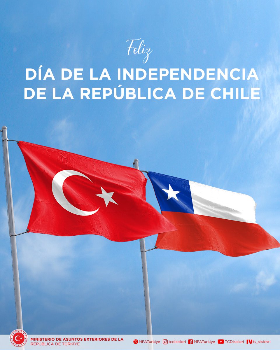 MFATurkiye's tweet photo. Congratulations on the Independence Day of the Republic of Chile!🇹🇷🇨🇱
 
¡Feliz Día de la Independencia de la República de Chile!🇹🇷🇨🇱 https://t.co/ulbtrMlVHB