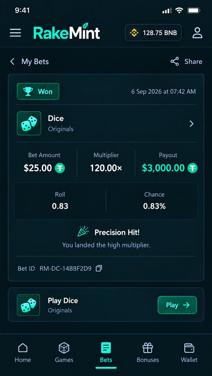 Rakemint_real's tweet photo. DICE 🎲
$25 bet → $3,000 payout at 120x.

That roll changed everything.

Try Dice on RakeMint → https://t.co/gSpWkLmWSk
#RakeMint #Dice #CryptoCasino #CasinoGames https://t.co/QtwMivRyIu