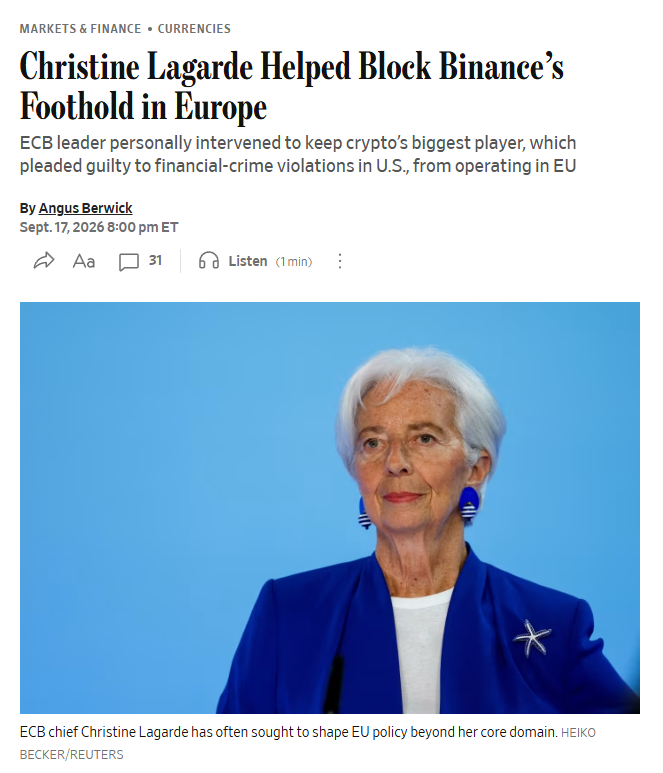 RobynHD's tweet photo. Was damals noch unbestätigt war, wird jetzt durch Recherchen des Wall Street Journal untermauert!

EZB-Präsidentin Christine Lagarde soll persönlich interveniert haben, um die nahezu fertige MiCA-Zulassung von Binance über Griechenland zu verhindern.

Binance hatte die Pressemitteilung bereits vorbereitet und CEO Richard Teng plante ein Treffen mit dem griechischen Premierminister.

Das verrückte an der Geschichte: Die EZB vergibt selbst keine MiCA-Lizenzen. Der Fall wirft daher erhebliche Fragen zum politischen Einfluss auf nationale Aufsichtsbehörden auf. Hintergrund sollen unter anderem Bedenken wegen der Compliance-Vergangenheit von Binance gewesen sein.