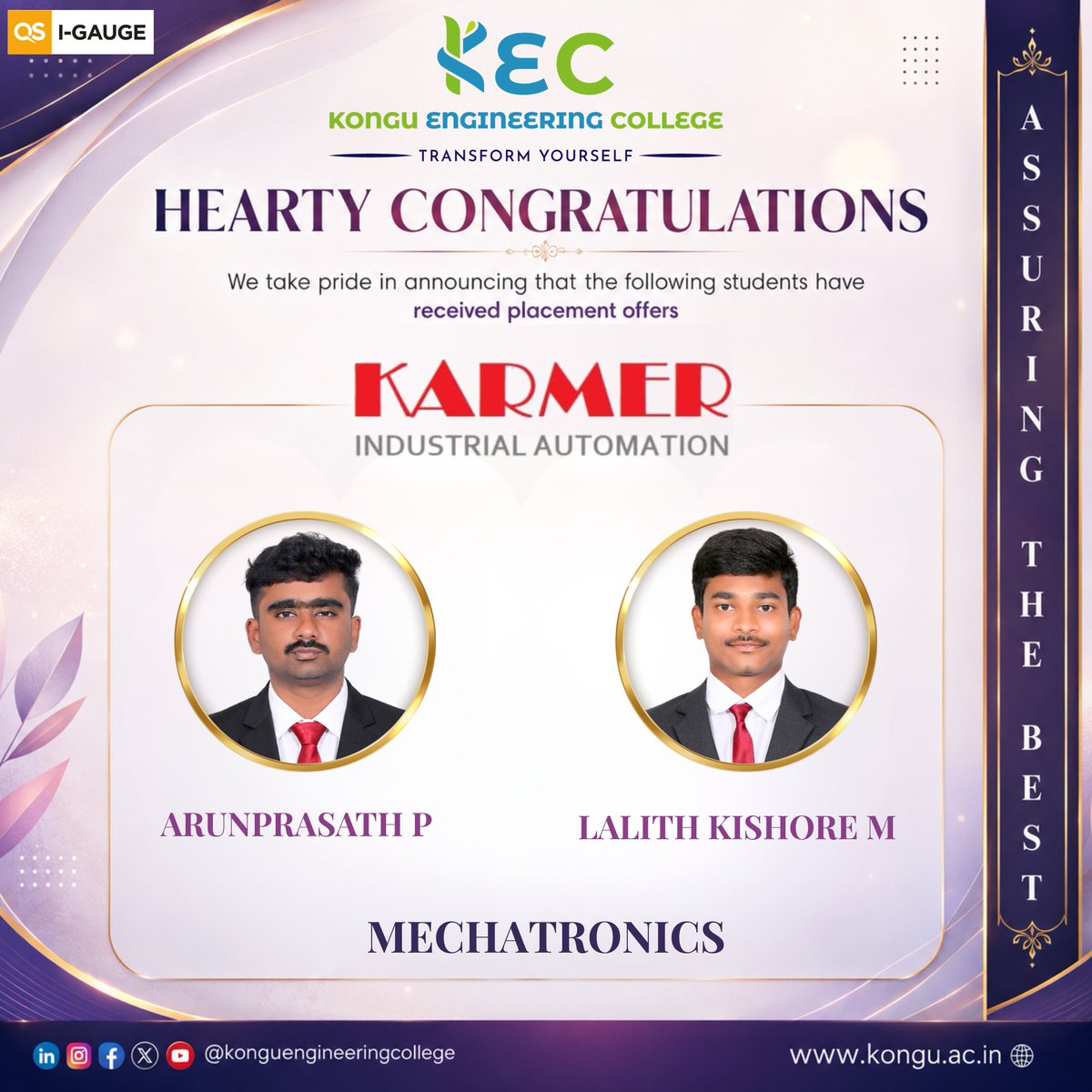 KonguOfficial's tweet photo. We are delighted to acknowledge KARMER Industrial Automation for their valuable association with Kongu Engineering College and for providing our students with an opportunity to take their first step towards a promising career.
#kec #kramer #automation #mechatronics https://t.co/i27GezAPQ7