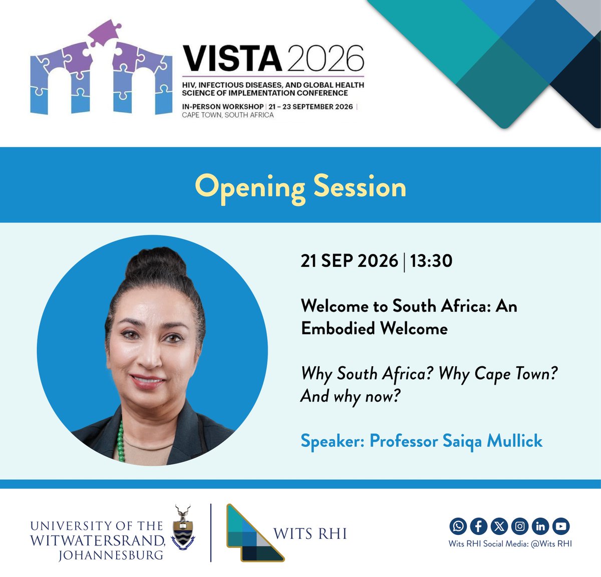 WitsRHI's tweet photo. ๐#VISTA2026 is almost here. @WitsRHIโs Professor Saiqa Mullick & Nicolette Naidoo take the stage on 21 Sept:๐น13:30 | Opening Session๐น15:45 | Equity-First Reach Plenary. #Lenacapavir. AGYW prevention. #ImplementationScience. #WitsRHI #HealthEquity #HIVPrevention https://t.co/XzIJ83h93P