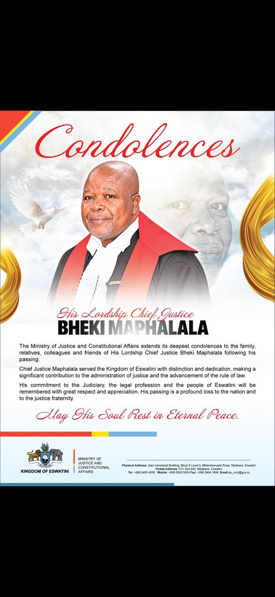 MoJCA_Eswatini's tweet photo. Rest In Peace Your Lordship Chief Justice Bheki Maphalala https://t.co/kCtKsdZG5t