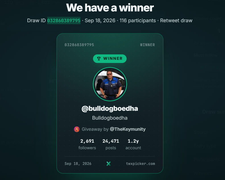 TheKeymunity's tweet photo. 🏆Congratulations @bulldogboedha 

🧾Draw ID 032860389795

📩Winner will receive their reward in private message https://t.co/wXawqjdxki
