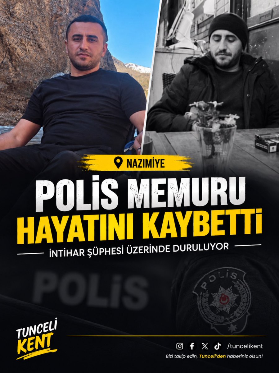 TunceliKent's tweet photo. Nazımiye’de Görev Yapan Polis Memuru Hayatını Kaybetti

Tunceli’nin Nazımiye ilçesinde görev yapan polis memuru Gülbeddin P., evinde silahla ağır yaralı halde bulundu.

İlk müdahalesinin ardından helikopterle Tunceli Devlet Hastanesi’ne sevk edilen polis memuru, burada yapılan tüm müdahalelere rağmen kurtarılamayarak hayatını kaybetti.

Olayla ilgili inceleme başlatılırken, polis memurunun ölümünde intihar şüphesi üzerinde durulduğu öğrenildi. Olayın kesin nedeni yürütülen incelemenin ardından netlik kazanacak.

#tunceli #tuncelihaber #tuncelikent #polis #nazımiye