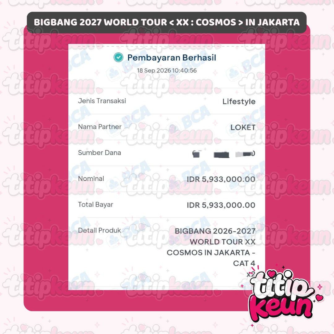 titipkeun's tweet photo. ❤️‍🔥 Secured BCA Presale for [BIGBANG 2026-2027 WORLD TOUR < XX : COSMOS > IN JAKARTA] #titipkeunproof https://t.co/XCugQJ16an