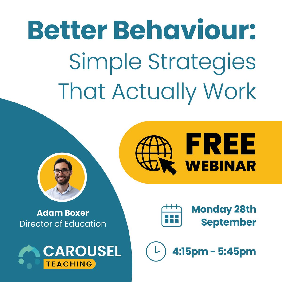 adamboxer1's tweet photo. This year, @Carousel_Learn's webinars are all COMPLETELY FREE

We're doing seven webinars on a range of concrete and actionable classroom and leadership strategies. 

Please do come along and share widely! https://t.co/B4ZTbv5HyP