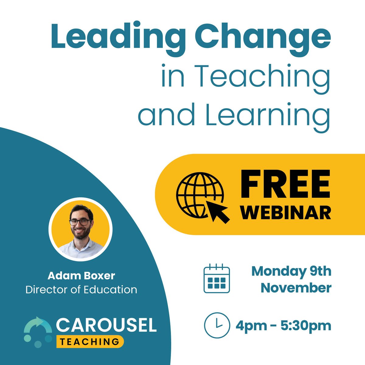 adamboxer1's tweet photo. This year, @Carousel_Learn's webinars are all COMPLETELY FREE

We're doing seven webinars on a range of concrete and actionable classroom and leadership strategies. 

Please do come along and share widely! https://t.co/B4ZTbv5HyP