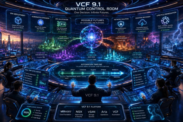 MarcoLuvisi's tweet photo. VCF 9.1 as a Quantum Control Room: Operating the Private Cloud as a Governed Decision System | Learn how VCF 9.1 connects policy, automation, operations, lifecycle, and recovery into a governed private cloud decision system. – #vExpert Paul Bryant https://t.co/k77gW3PCWX https://t.co/b1ShCFN27u