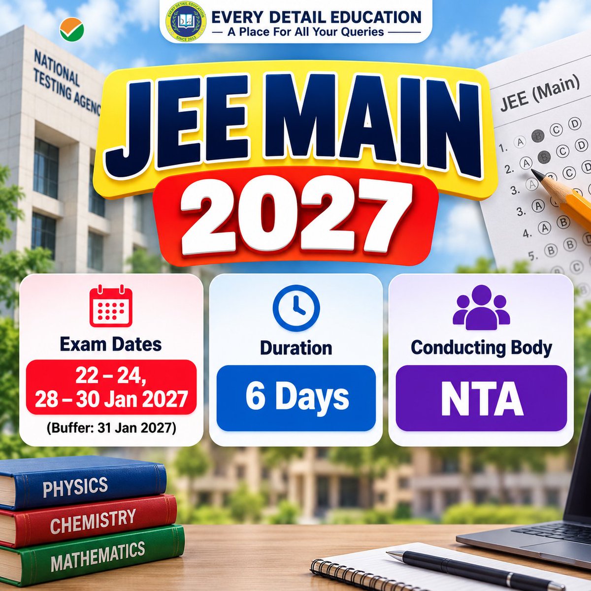 every_ede's tweet photo. JEE Main 2027 Session 1 की proposed exam dates जारी हो गई हैं। परीक्षा 22–24 और 28–30 जनवरी 2027 को होने का प्रस्ताव है, जबकि 31 जनवरी 2027 को buffer date रखा गया है। NTA के अनुसार ये dates tentative हैं और इनमें बदलाव संभव है।

#JEEMain2027 #JEEMains2027 #EveryDetailEducation https://t.co/vlzsYOe8sL