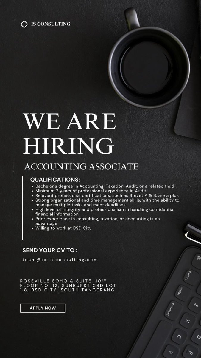 macbxok's tweet photo. Open recruitment Accounting Associate, silahkan kirim cv ke email yang tertera, dengan subject "Account Associate_your name_years of experience" Diutamakan Audit dengan pengalaman minimal 2 tahun.

📍 BSD, Tangerang Selatan
#loker #infoloker #bsd https://t.co/vRaxRiIH4k