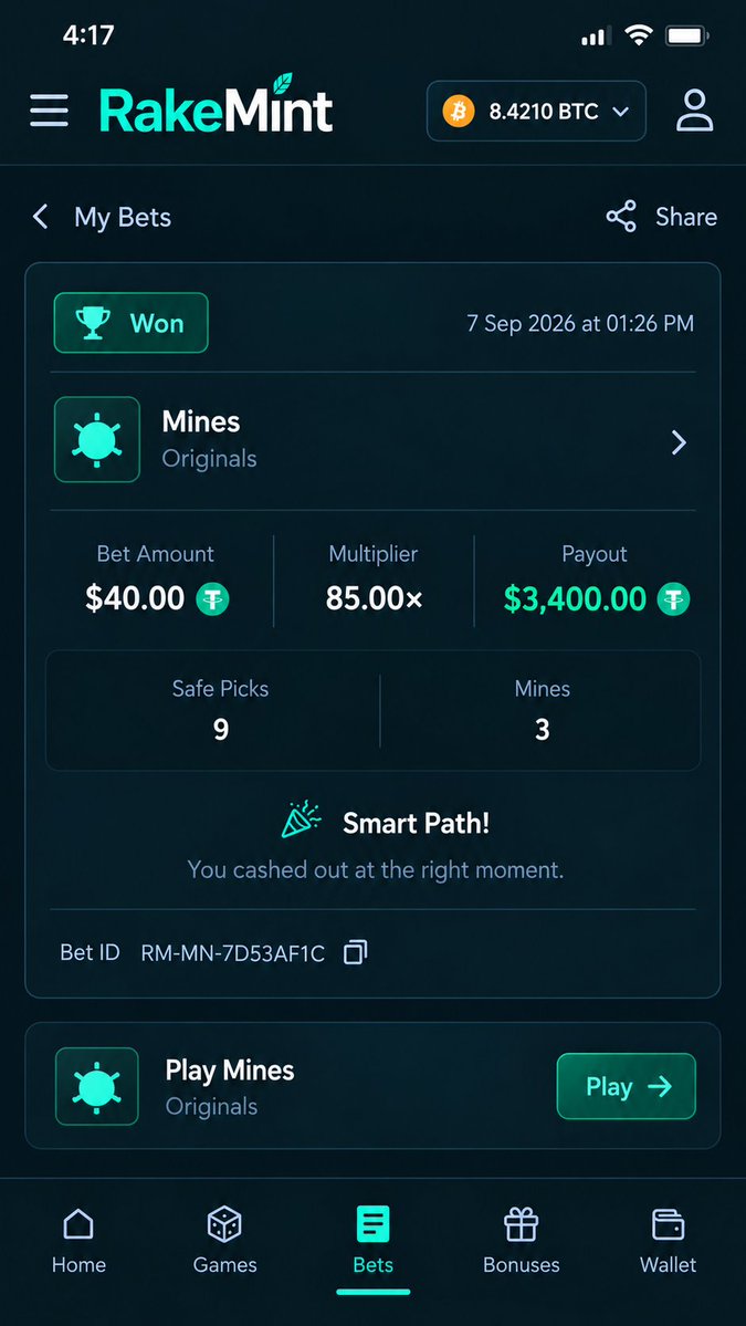 Rakemint_real's tweet photo. MINES 💣
$40 bet → $3,400 payout at 85x.

Play Mines → https://t.co/gSpWkLnuHS

9 safe picks. One serious cashout. 🔥
#RakeMint #Mines #CryptoGaming #CryptoCasino https://t.co/rcuQUB04Ya