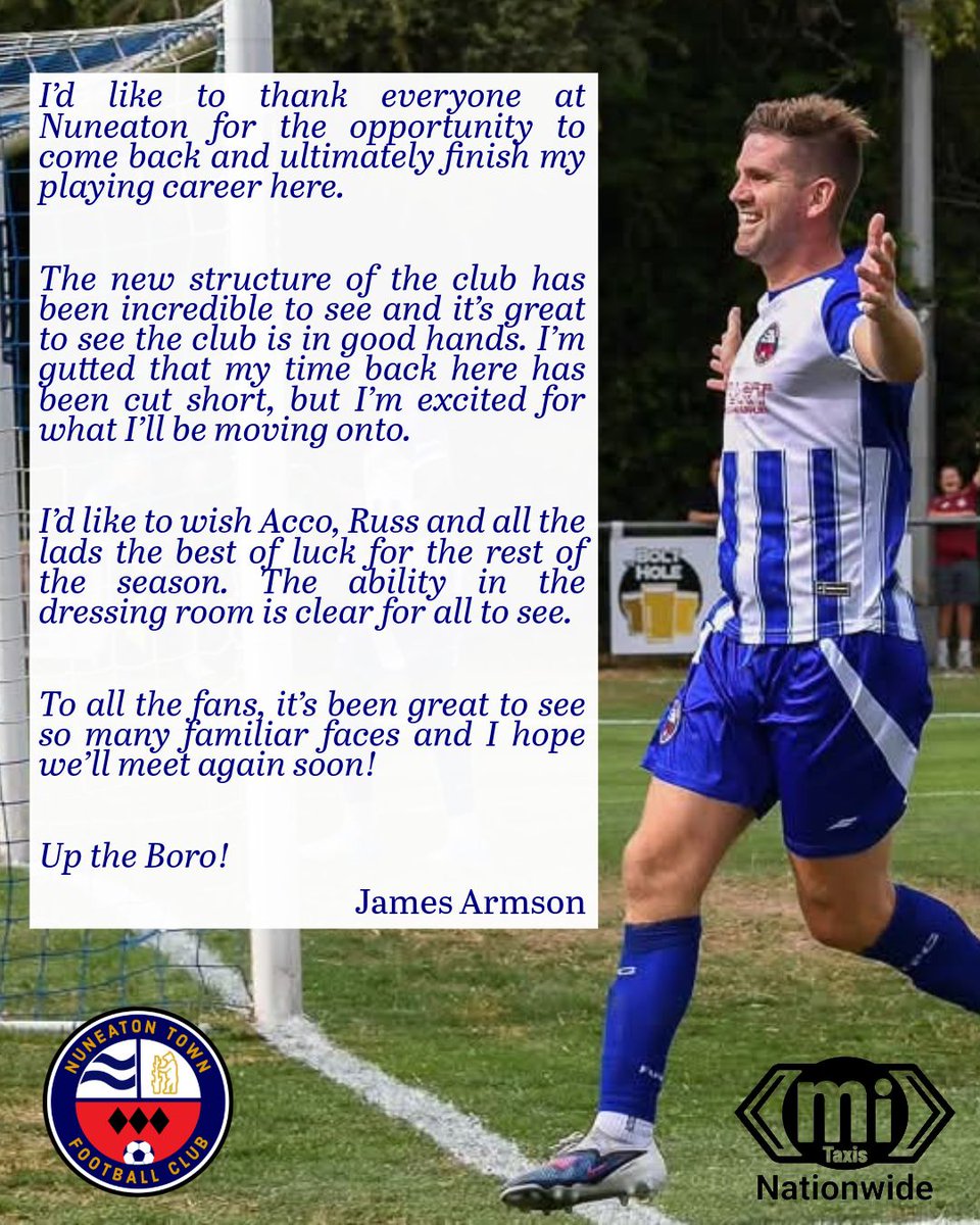 NuneatonTFC's tweet photo. 🔵⚪ CLUB STATEMENT | JAMES ARMSON

We can confirm that James Armson has left the club following an unexpected opportunity higher up the football pyramid.

Although we are naturally disappointed to see James leave, we would never stand in his way of an opportunity to progress.1/2 https://t.co/rZKt9ZHuOW